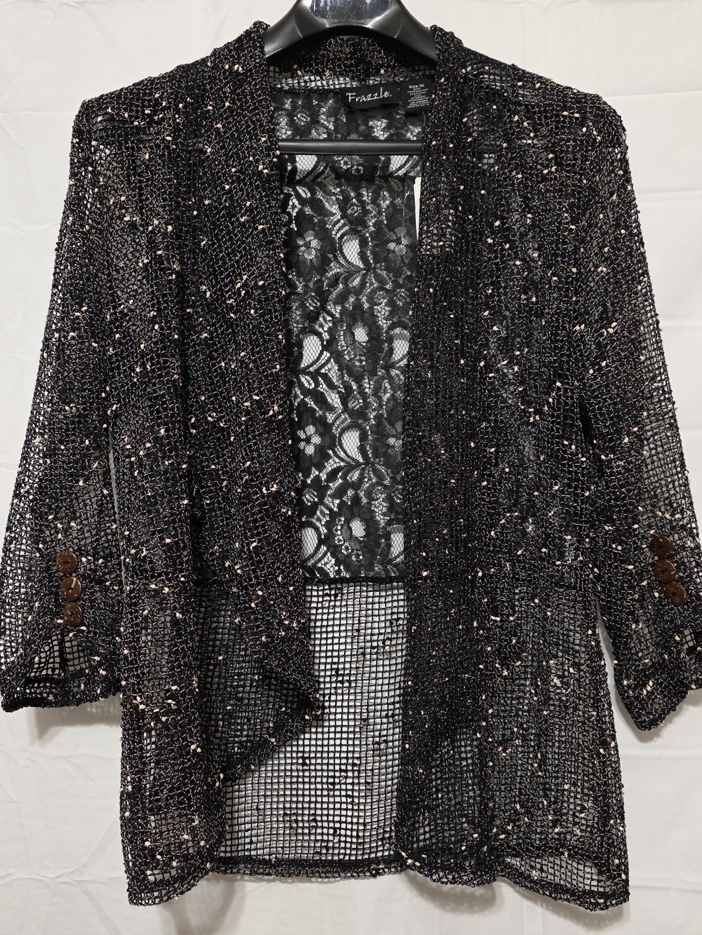 Frazzle Black Mesh Lace ¾ Sleeve Shrug Date Night Dressy NWT